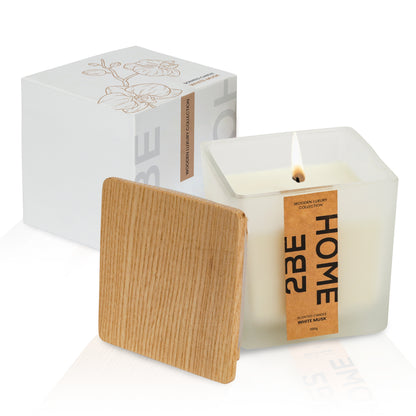 2BEHOME® Geurkaars - White Musk - 200 gr - Wooden Luxury Collection - Geurkaarsen in Glas - Kaars - Geurbrander - Wit