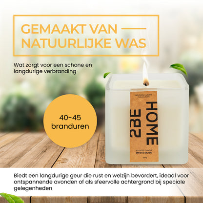 2BEHOME® Geurkaars - White Musk - 200 gr - Wooden Luxury Collection - Geurkaarsen in Glas - Kaars - Geurbrander - Wit