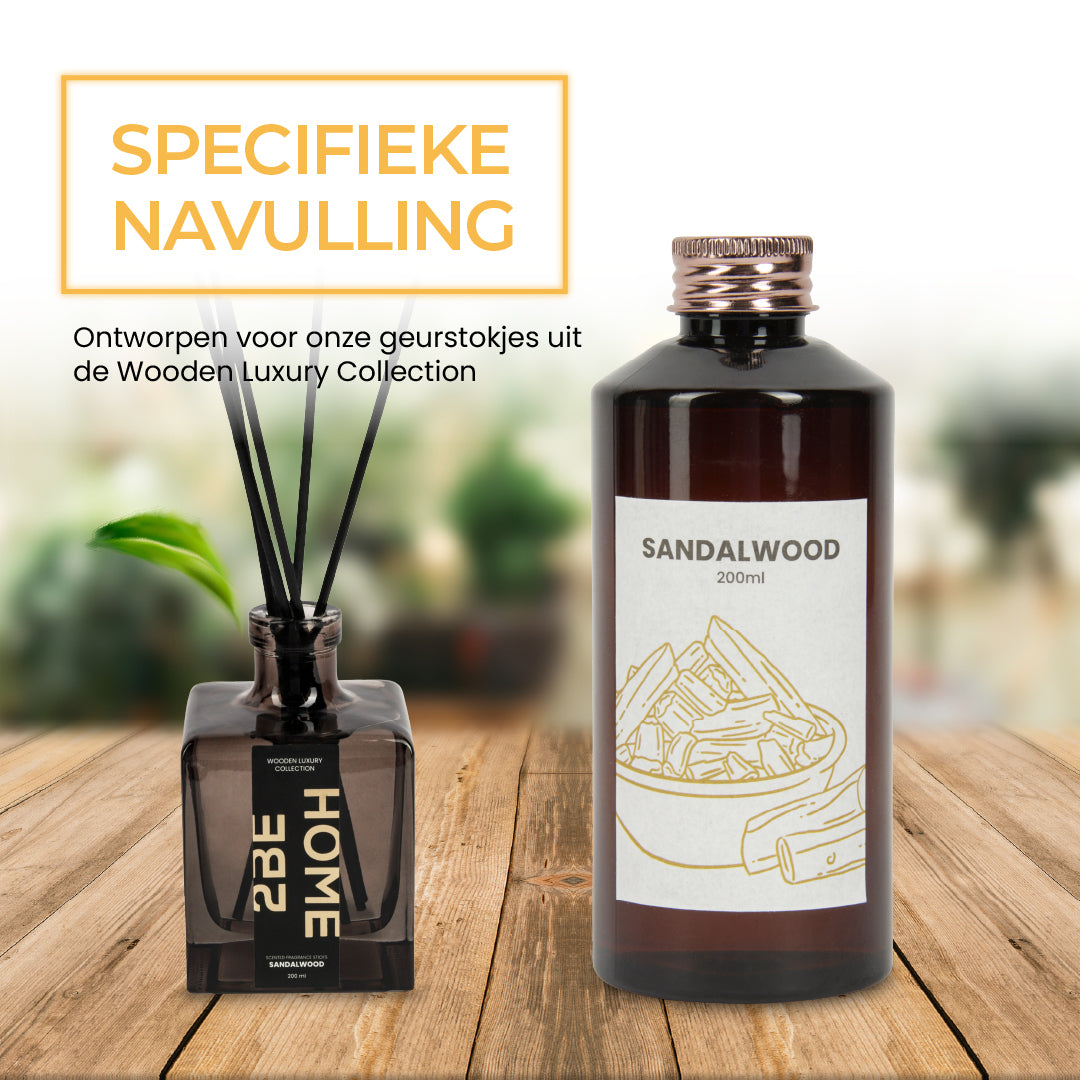 2BEHOME® Geurstokjes Navulling 'Sandalwood' - 200ml - Wooden Luxury Collection - Geurverspreider - Huisparfum - Luchtverfrisser