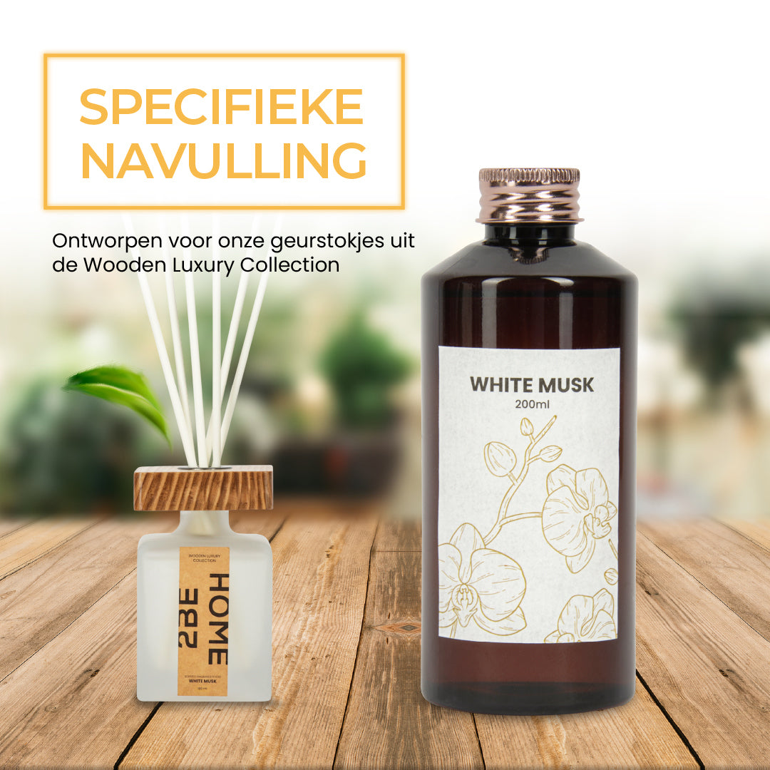 2BEHOME® Geurstokjes Navulling - White Musk - 200 ML - Wooden Luxury Collection - Luxe Fragrance sticks - Huisparfum - Luchtverfrisser - Geurverspreider - Wit