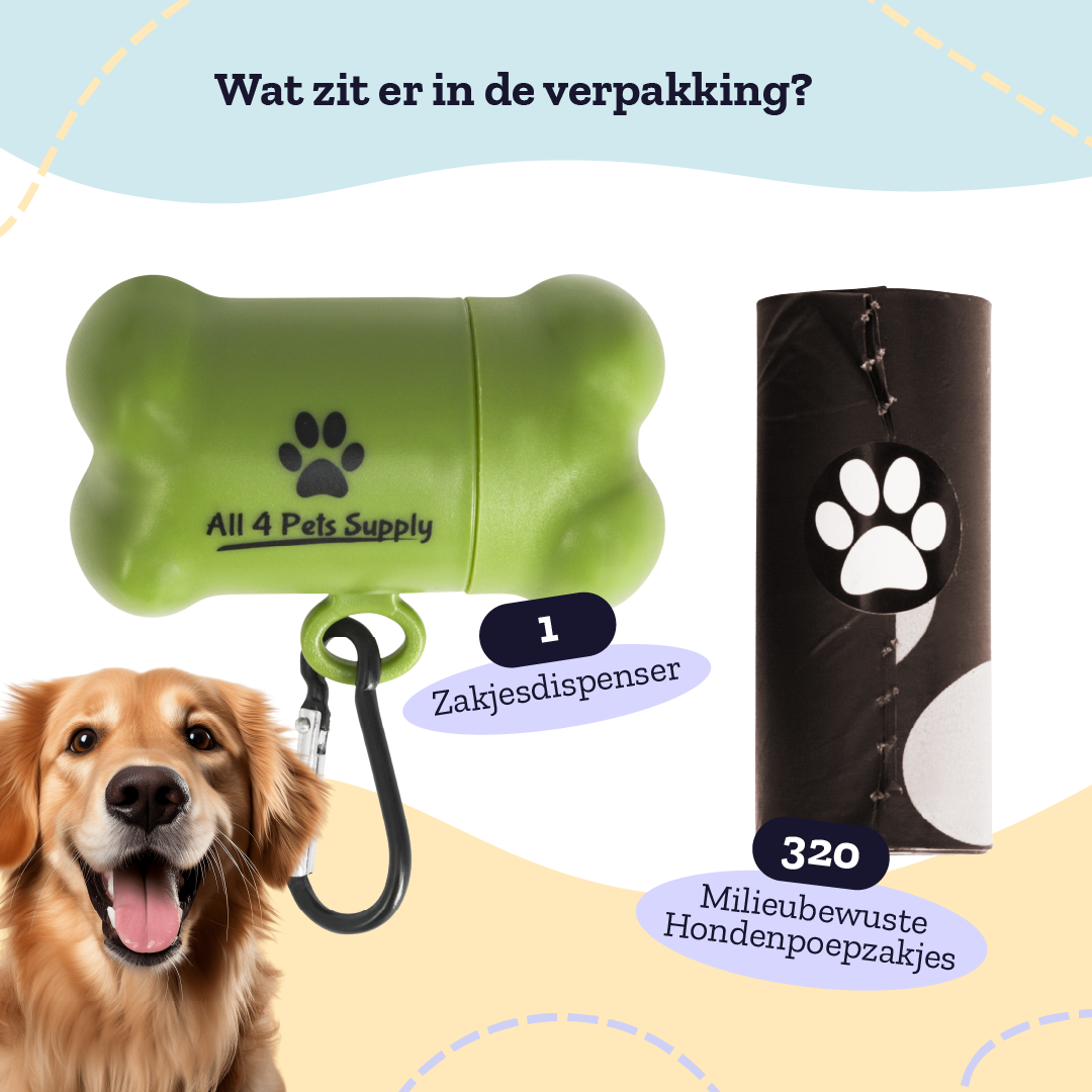 All 4 Pets Supply® Hondenpoepzakjes houder inclusief Hondenpoepzakjes - Dispenser - 320 stuks - Lavendel geur - 100% Biologisch Afbreekbaar - Poepzakjeshouder Hond - Bruin