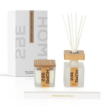 2BEHOME® Geurkaars & Geurstokjes Giftset - White Musk - Wooden Luxury Collection - Wit