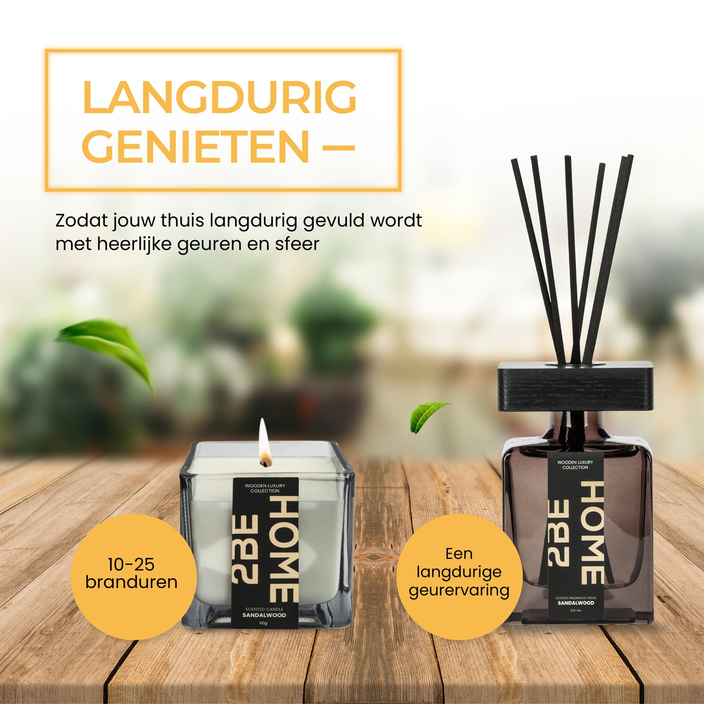 2BEHOME® Geurkaars & Geurstokjes Giftset - Wooden Luxury Collection - Sandalwood - Geschenkset - Zwart