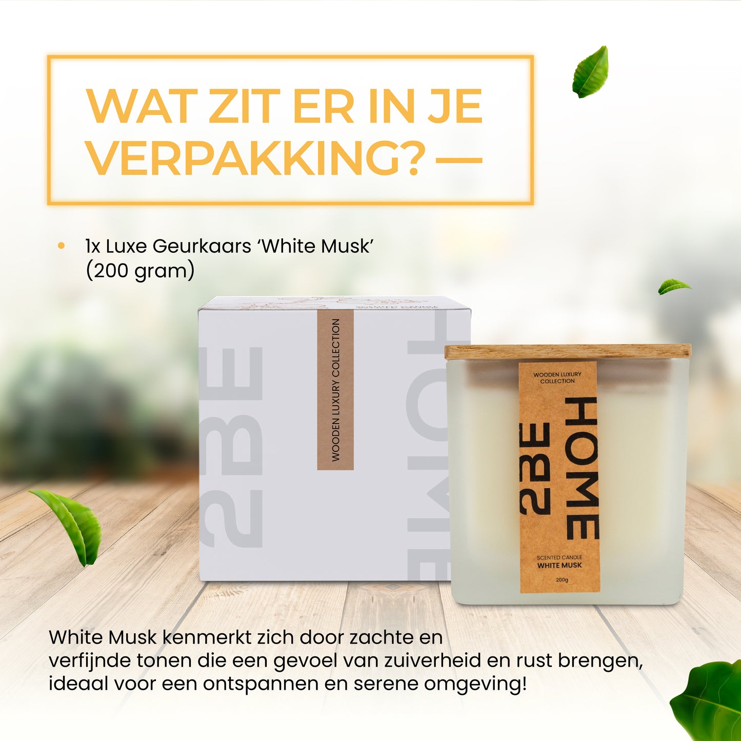 2BEHOME® Geurkaars - White Musk - 200 gr - Wooden Luxury Collection - Geurkaarsen in Glas - Kaars - Geurbrander - Wit