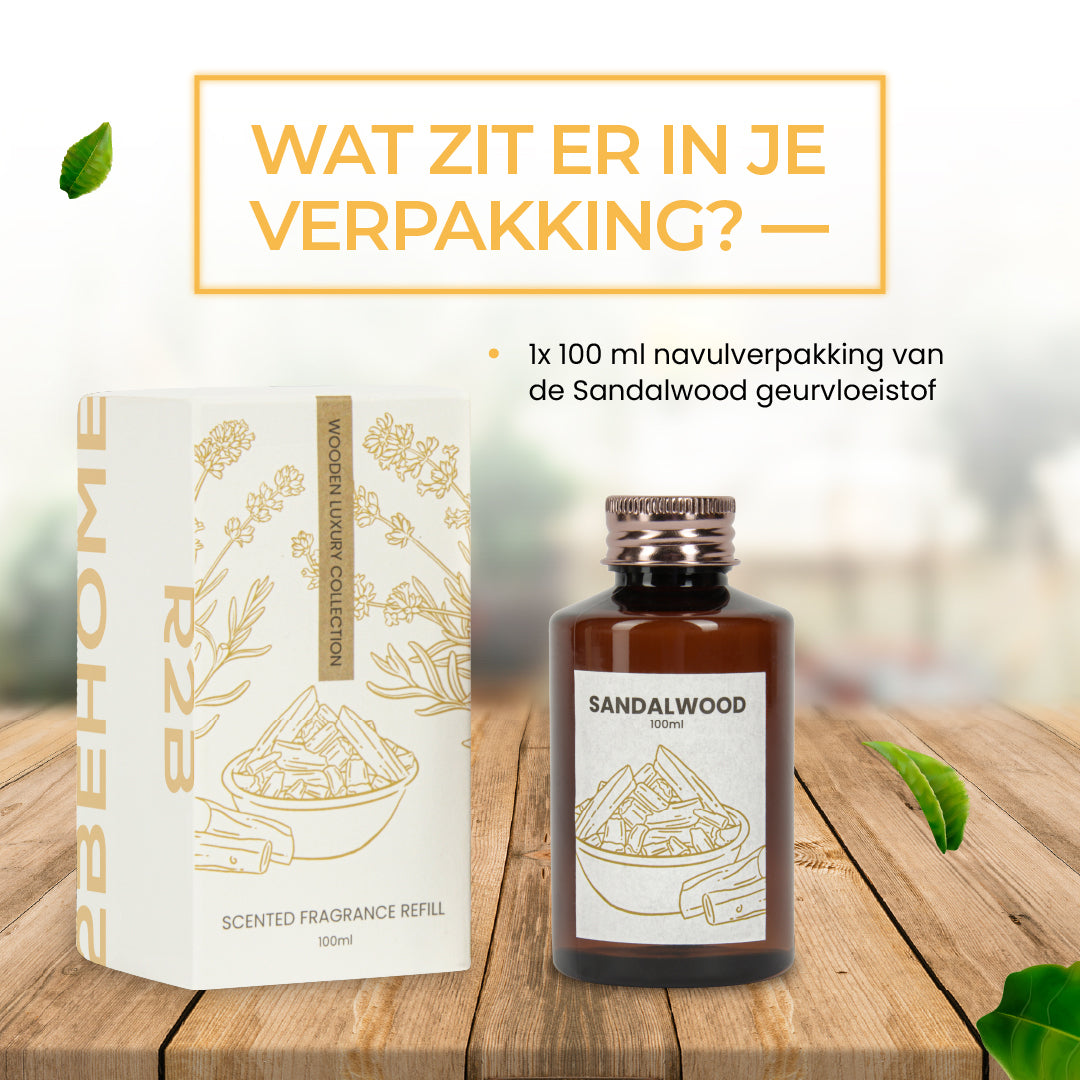 2BEHOME® Geurstokjes Navulling - Sandalwood - 100 ml - Wooden Luxury Collection - Geurverspreider - Huisparfum - Luchtverfrisser