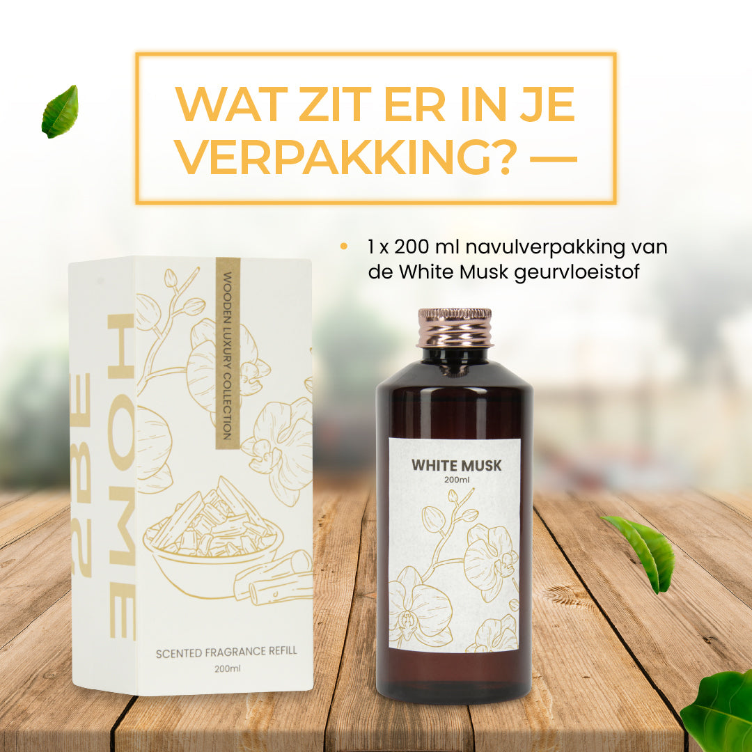 2BEHOME® Geurstokjes Navulling - White Musk - 200 ML - Wooden Luxury Collection - Luxe Fragrance sticks - Huisparfum - Luchtverfrisser - Geurverspreider - Wit