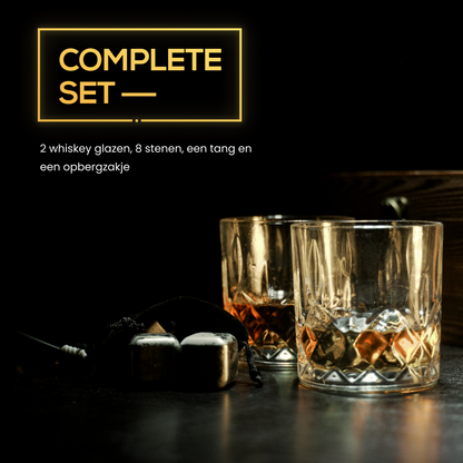 2BEHOME® Whiskey set met 2 whiskey glazen en 6 whiskey stones / stenen - Inclusief luxe houten opbergdoos