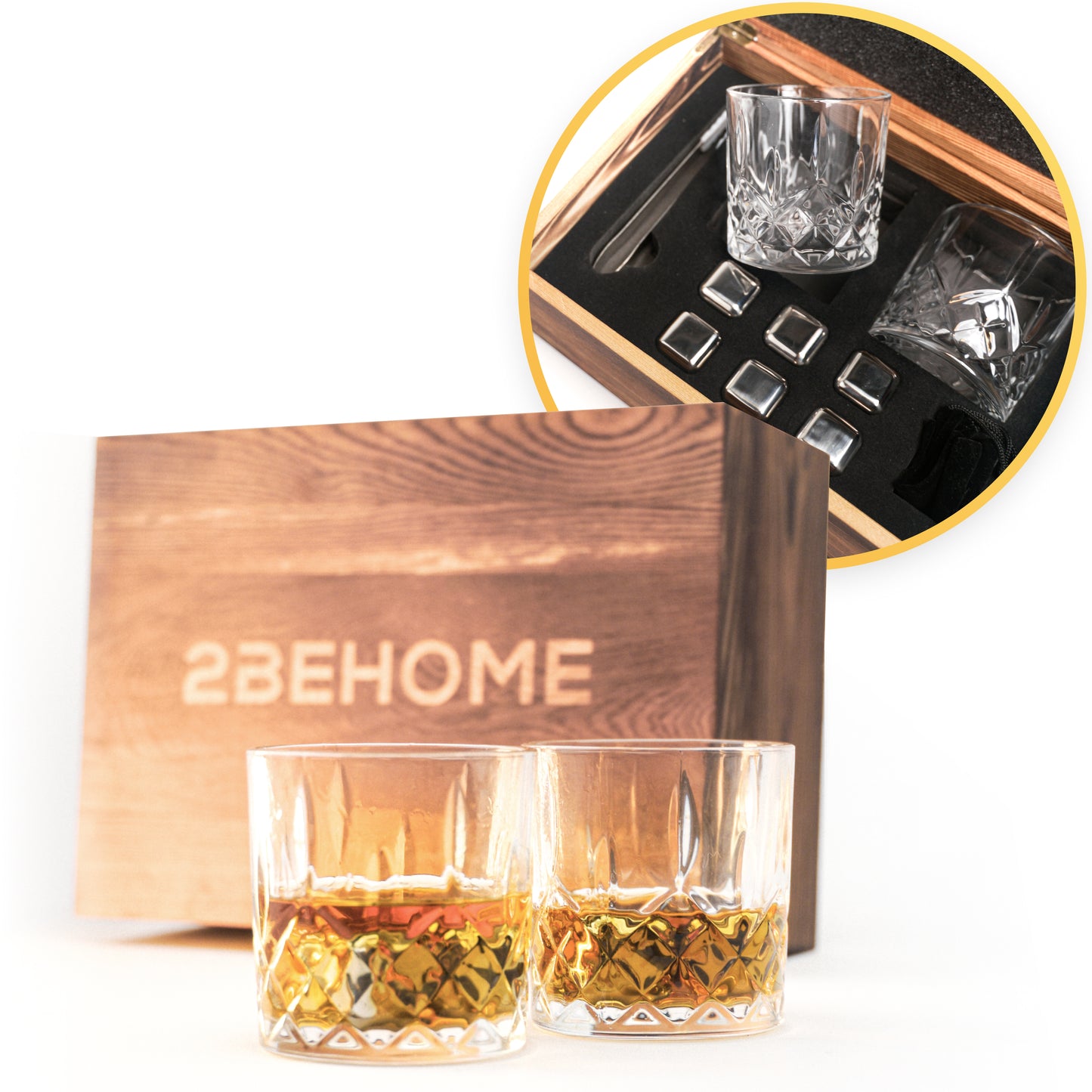 2BEHOME® Whiskey set met 2 whiskey glazen en 6 whiskey stones / stenen - Inclusief luxe houten opbergdoos