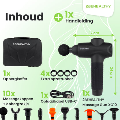 2BEHEALTHY® Massage Gun Professioneel XG10 - Incl. 10 Opzetstukken - USB-C Oplaadbaar - Massage apparaat