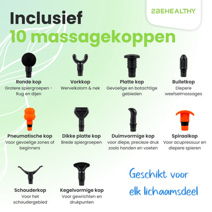 2BEHEALTHY® Massage Gun Professioneel XG10 - Incl. 10 Opzetstukken - USB-C Oplaadbaar - Massage apparaat